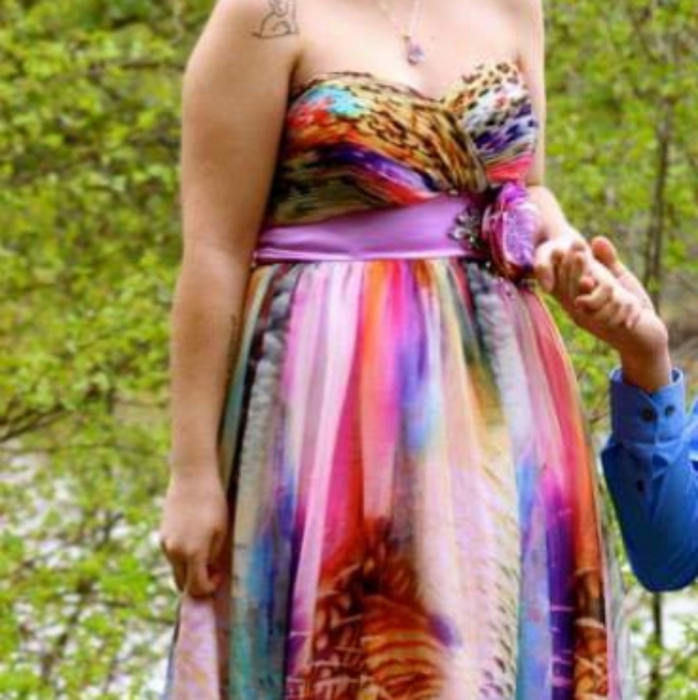 Floor length multicolored graduation dress.